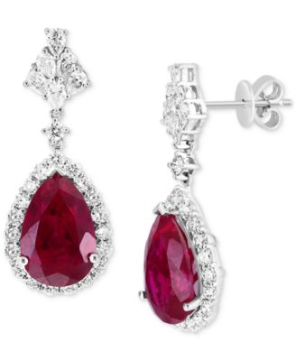 EFFY Collection - Lab Grown Ruby (6-5/8 ct. t.w.) & Lab Grown Diamond (1-1/2 ct. t.w.) Teardrop Halo Drop Earrings in 14k White Gold