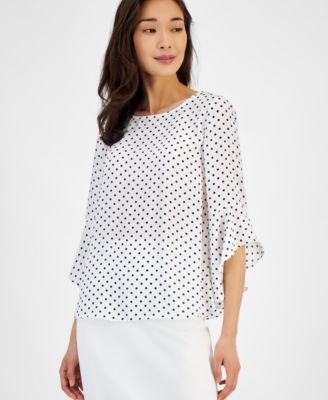 Kasper - Women's Dot-Print Crewneck Ruffle-Sleeve Top