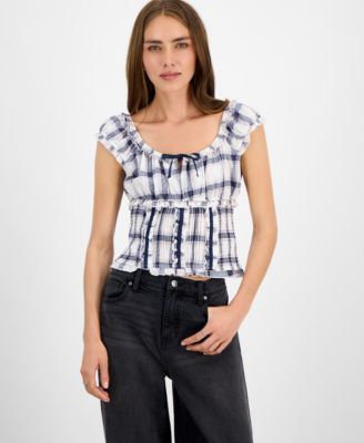 Self Esteem - Juniors' Plaid Cap-Sleeve Smocked Top