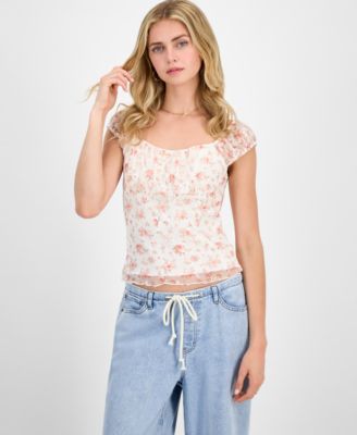 Madden Girl - Juniors' Printed Lace Cap-Sleeve Top